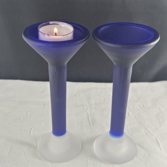 Frosted Cobalt Blue Candlesticks 7in vtg satin glass hourglass colorblock 2pc - Picture 3 of 12